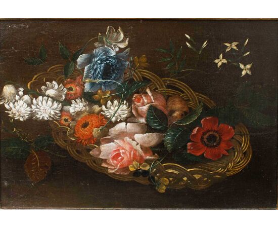  XVIII secolo, Scuola Francese, Natura morta con cesto di fiori