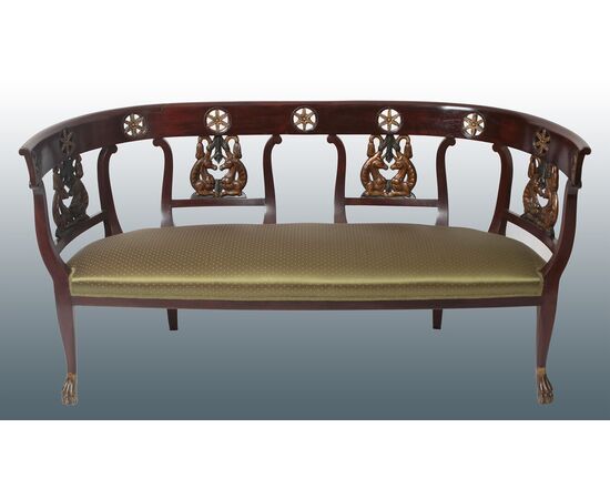 Antico divano Italiano genovese stile Impero di inizio 1800 in legno di mogano restaurato e ritappezzato 