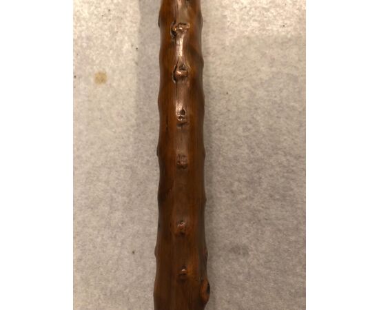 Stick with knob in briar with porcelain bird head insert and metal insects.     