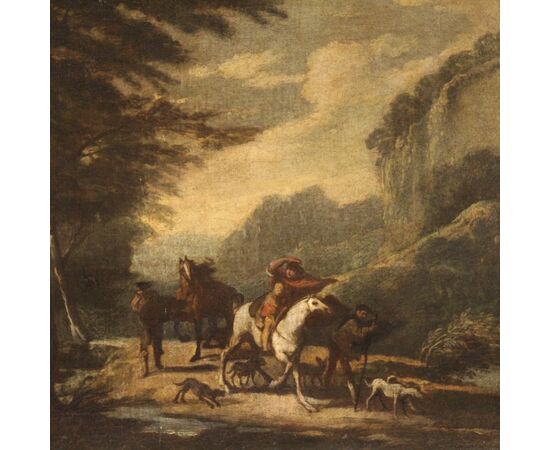 Antico dipinto paesaggio olio su tela del XVIII secolo