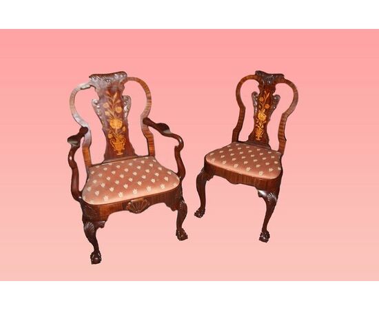 Gruppo di 6 sedie Olandesi del 1800 in legno di mogano riccamente intarsiate stile Chippendale