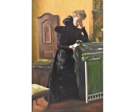 ANTIQUE PAINTINGS, PORTRAITS OF A WOMAN READING, OIL ON CANVAS, END OF 800. (QR317)     