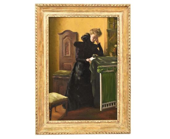 ANTIQUE PAINTINGS, PORTRAITS OF A WOMAN READING, OIL ON CANVAS, END OF 800. (QR317)     