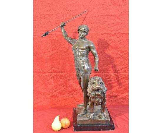 ANCIENT BRONZE SCULPTURES, WARRIOR AND LION, BARYE, FRENCH SCULPTOR. (STB39)     