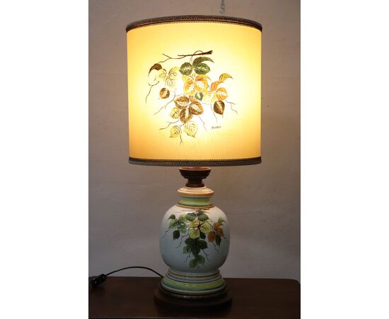 hand-painted artistic ceramic lamp with wooden base circa 1980     
