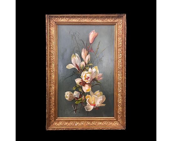 Dipinto olio su tela raffigurante natura morta con fiori.Firmato August Menus Ducret 1906.