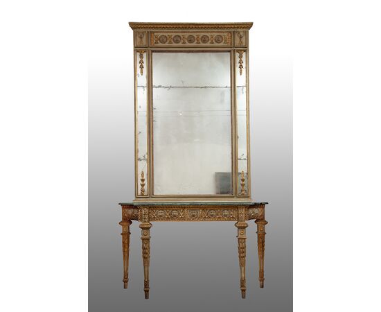 Consolle con specchio antico stile Luigi XVI in lacca e oro. Genova XIX secolo.