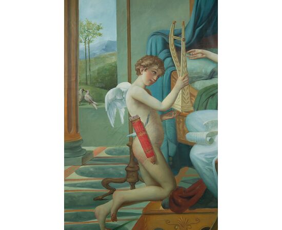 Dipinto antico olio su tela raffigurante scena Neoclassica. Francia inizio XX secolo.