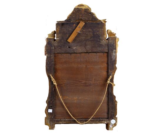 Media specchiera francese di fine 1700 in legno intagliato, dorato foglia oro e laccato