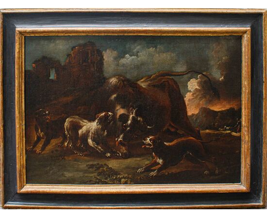 Giovanni Crivelli known as il Crivellino (? - 1760)  Fight between dogs and bison