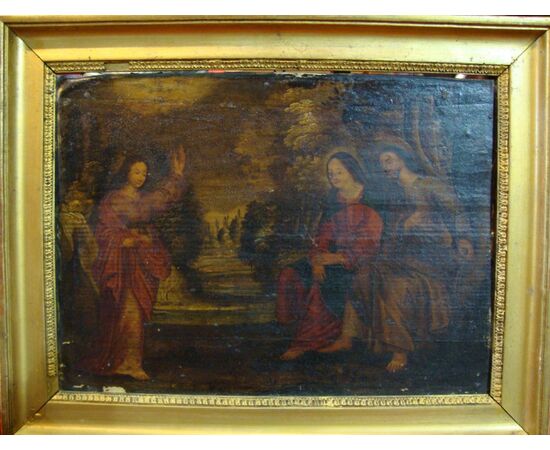 religious scene, oil on leather, 18th century     