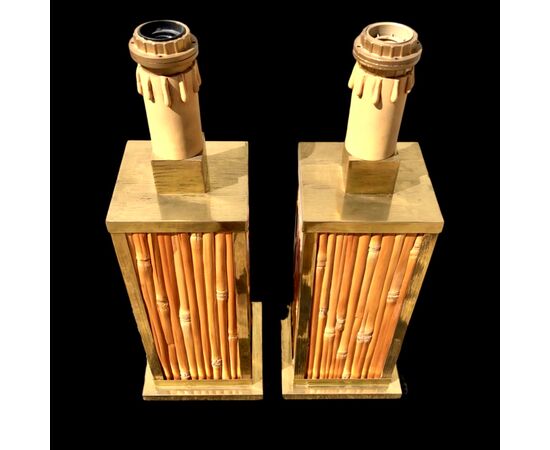 Coppia di lampade in ottone con copertura in bambu’.Stile art-Deco’.