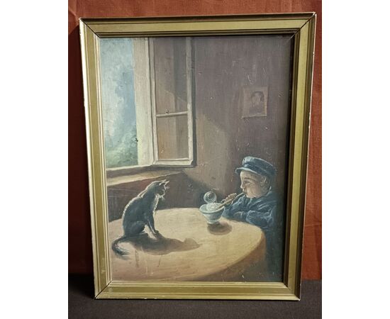 Dipinto olio su tavola firmato raffigurante gatto con bambino