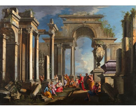 Alberto Carlieri (Roma 1672-1720), Capriccio architettonico con la predica di san Paolo nell'Areopago di Atene, dipinto olio su tela 