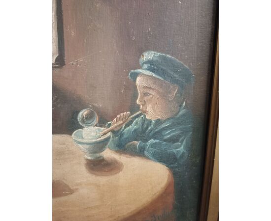 Dipinto olio su tavola firmato raffigurante gatto con bambino