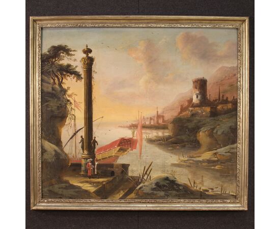 Dipinto antico italiano paesaggio olio su tela del XVIII secolo