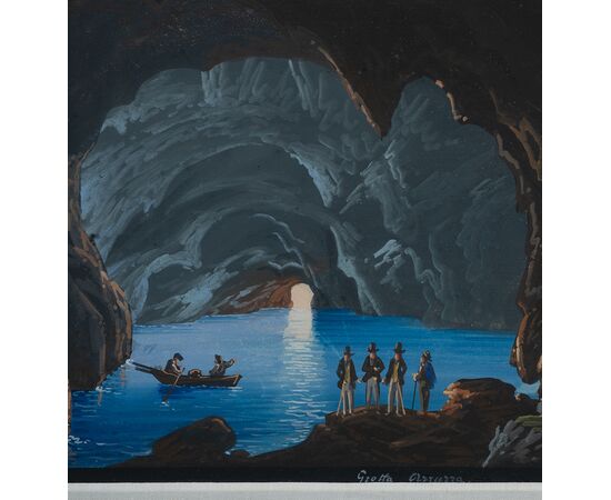Dipinto antico tempera su cartoncino "Gouaches" raffigurante la grotta Azzurra di Capri. Periodo XX secolo.