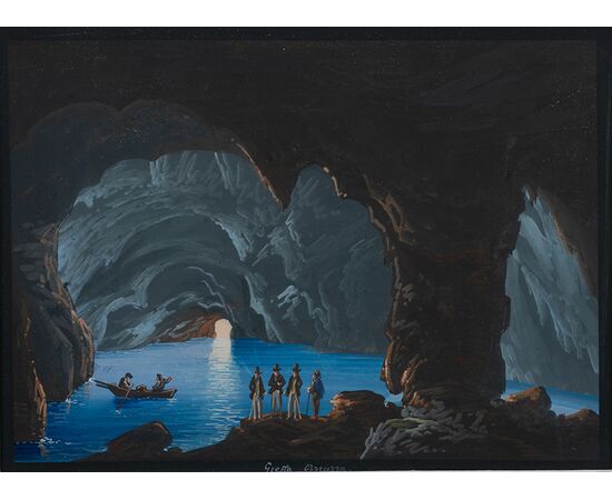 Dipinto antico tempera su cartoncino "Gouaches" raffigurante la grotta Azzurra di Capri. Periodo XX secolo.