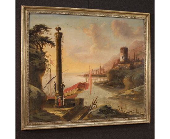 Antique Italian landscape painting oil on canvas from 18th century