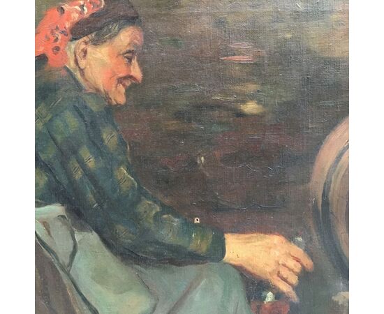 Dipinto olio su tela, pittura di genere raffigurante interno interno di una cantina con figura femminile