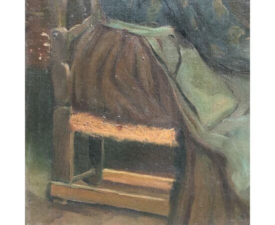 Dipinto olio su tela, pittura di genere raffigurante interno interno di una cantina con figura femminile