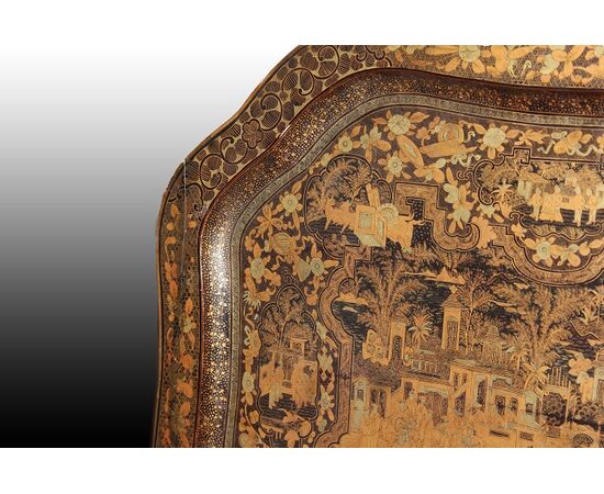 Stupendo vassoio francese in legno riccamente decorato gusto orientale