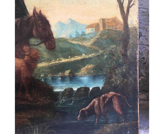 Coppia di due dipinti veneti olio su tela raffiguranti paesaggi con figure