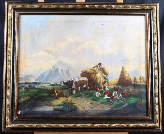 Antico dipinto olio su tela del 1800 Nord Europa olio su tela "Scena pastorale"