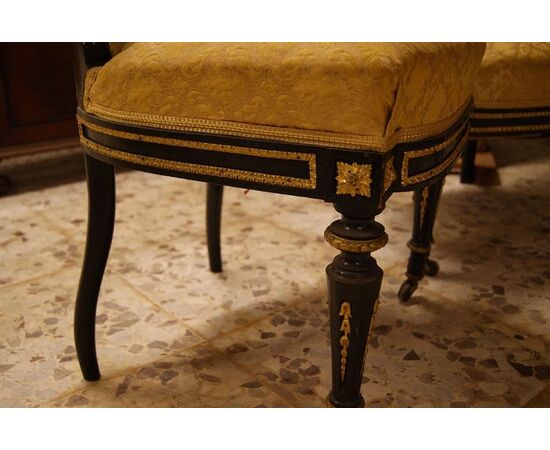 Antico salotto francese del 1800 stile Luigi XVI 5 pezzi con ricche applicazioni in bronzo dorato al mercurio
