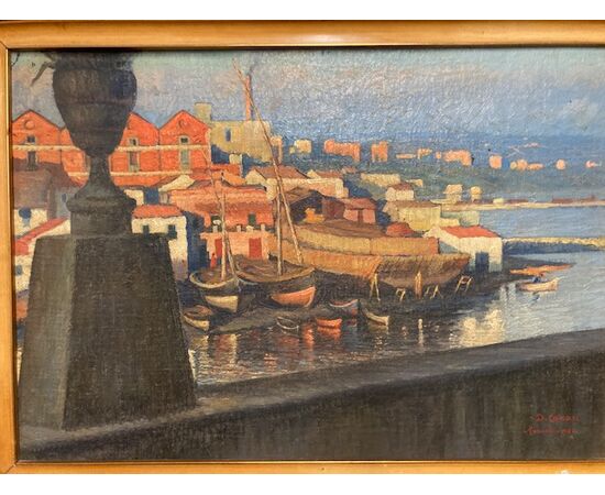 Antico Dipinto “Città di Taranto “ artista Dante Canasi 1925 . Olio su faseite  cm 91 x 65 