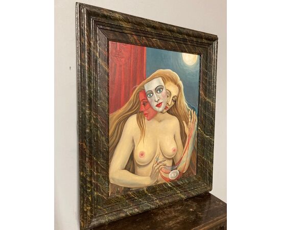 Dipinto olio su tela surrealista XX secolo Conchita Amata . “ Donna e maschere “ mis : 80 x 70 