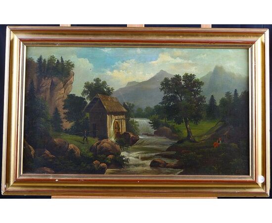 Antico quadro inglese del 1800 Olio su tela inglese raffigurante paesaggio bosco - Firmato