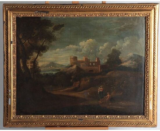Antico quadro italiano del 1700 olio su tela raffigurante paesaggio