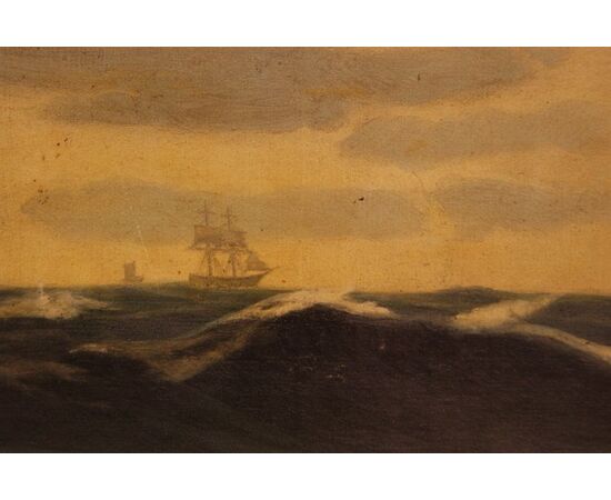Antico Dipinto olio su tela del 1800 raffigurante veliero in mare 