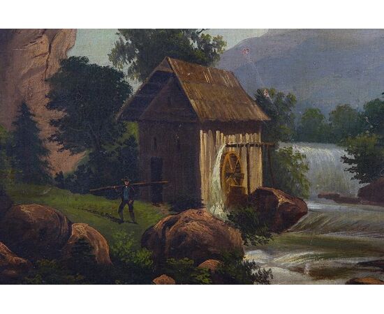 Antico quadro inglese del 1800 Olio su tela inglese raffigurante paesaggio bosco - Firmato