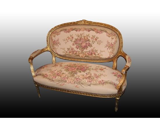 Salotto 6 pezzi 4 poltrone 1 divano e 1 tavolino Luigi XVI del 1800 dorato foglia oro