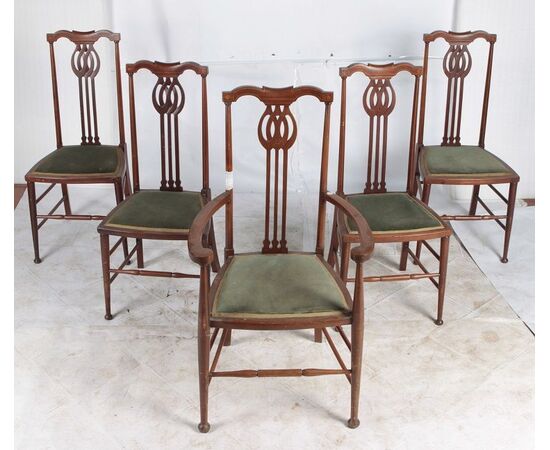 Gruppo di 4 sedie e 2 capotavola inglesi Vittoriane del 1800