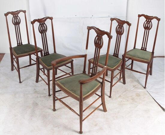 Gruppo di 4 sedie e 2 capotavola inglesi Vittoriane del 1800