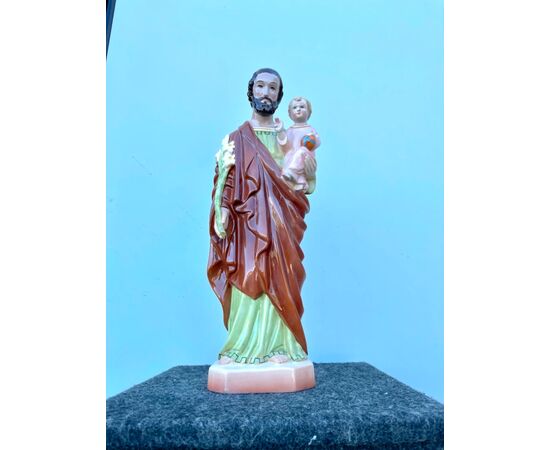 Saint Joseph and Child Jesus in polychrome earthenware, Ronzan Manufacture, Turin.     