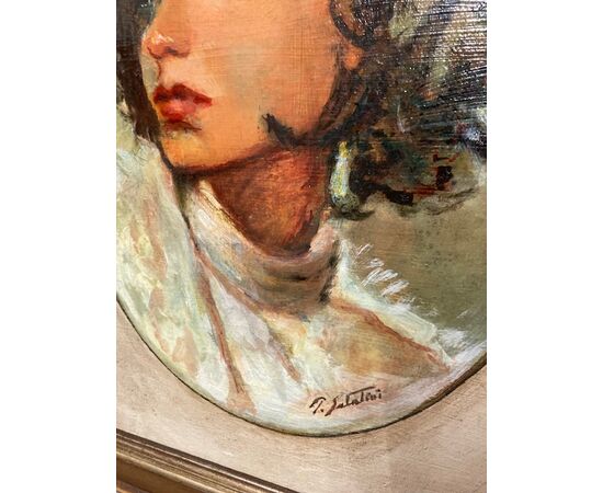 :  Dipinto olio su cartoncino in cornice laccato “ Volto di Donna “ P. Salatini anni 50 mis 63 x 64 