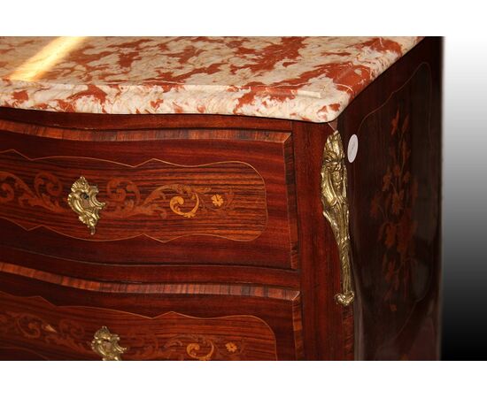Comoncino francese stile Luigi XV con intarsi marmo rosso Francia e bronzi