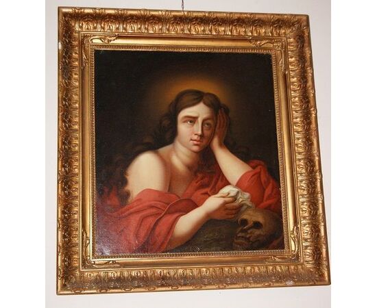 Antico dipinto olio su tela italiano del 1800 raffigurante "La Maddalena con teschio"