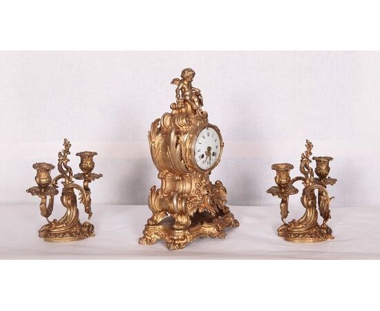 Antico tris orologio e candelieri francese del 1800 stile Luigi XV 