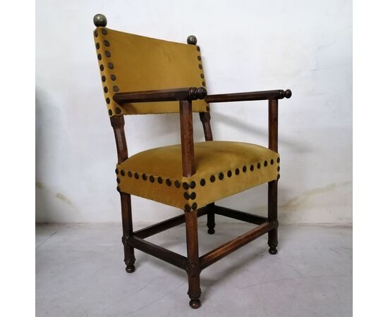 Set of six antique walnut thrones upholstered in yellow velvet     