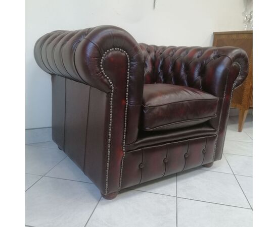 New original English chesterfield armchair in antiqued burgundy red leather     