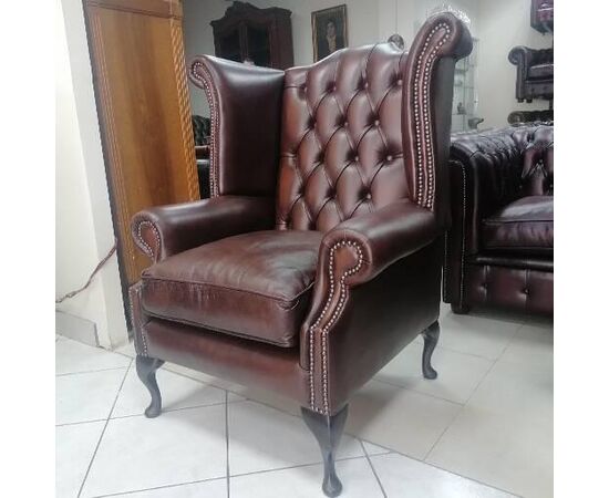 English chesterfield Queen Anne armchair new original in antiqued dark brown leather     