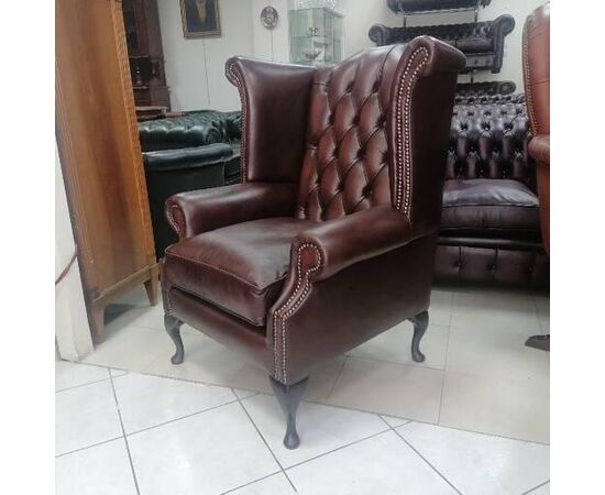 English chesterfield Queen Anne armchair new original in antiqued dark brown leather     
