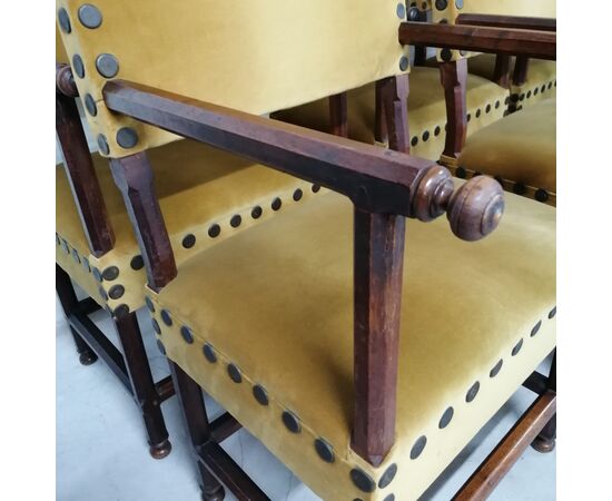 Set of six antique walnut thrones upholstered in yellow velvet     
