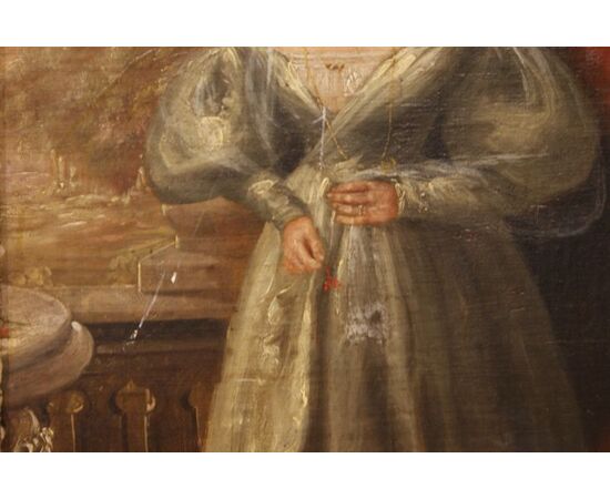 Antico quadro inglese del 1800 olio su tavola Inglese "Donna in abito elegante"