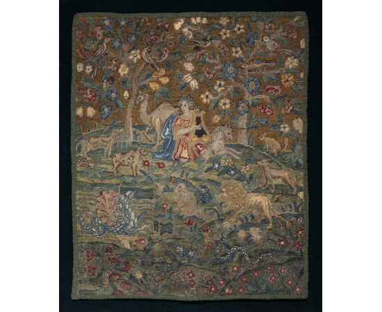 Inghilterra (Fine XVII Secolo), Orfeo incanta gli animali. Arrazzino a tecnica piccolo e grande punto in lana e seta
